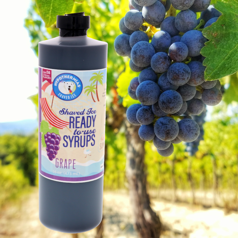 Hypothermias 100 percent pure case sugar snow cone syrup with background in grape orchard.