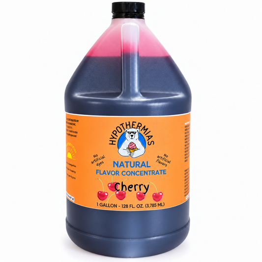 Hypothermias cherry flavor concentrate with natural flavor and no artificial colors, 1-gallon bottle.