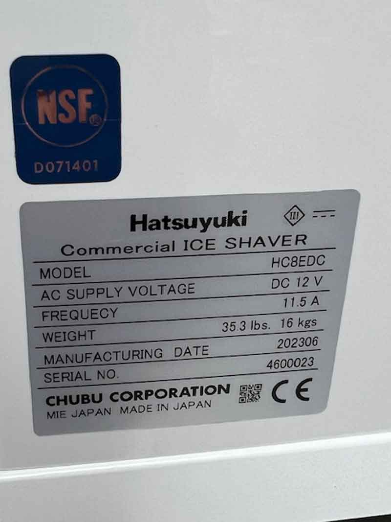 NSF listed used Hatsuyuki commercial ice shaver decal.
