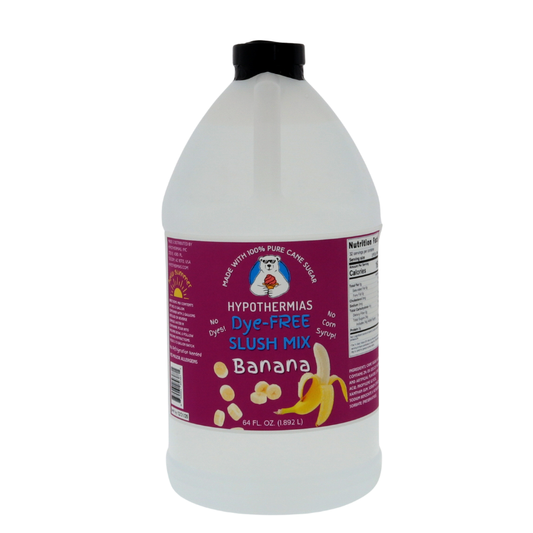 A BPA-free plastic half-gallon bottle of Hypothermias Dye-FREE Banana Slush Syrup with a vibrant purple label featuring a picture of ripe bananas, photographed on a clean white background. This clear, gourmet frozen drink syrup is made in small batches in Tucson, Arizona, with non-GMO 100% pure cane sugar. Free of dyes and high fructose corn syrup, it delivers smooth, creamy banana flavor perfect for slushie machines, frozen beverages, and summer treats.