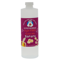 A BPA-free plastic bottle, pint sized, of Hypothermias Banana Dye-FREE Slush Syrup made with non-GMO 100% pure cane sugar. The label is purple with an image of ripe bananas on it, photographed on a white background. This gourmet slush syrup is crafted for frozen drinks and shaved ice, clear and free of dyes, and made in Tucson, Arizona, USA.