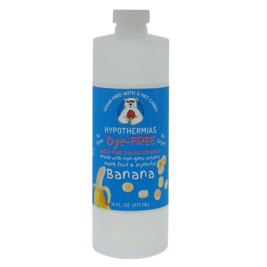 A pint of Hypothermias Sugar-Free & Dye-Free Banana Shaved Ice and Snow Cone Syrup in a BPA-free plastic bottle on a bright white background, featuring an azure blue label with a banana illustration. This clear, sugar-free syrup is made with organic and non-GMO monk fruit and erythritol for a naturally sweet flavor without dyes or added sugars.