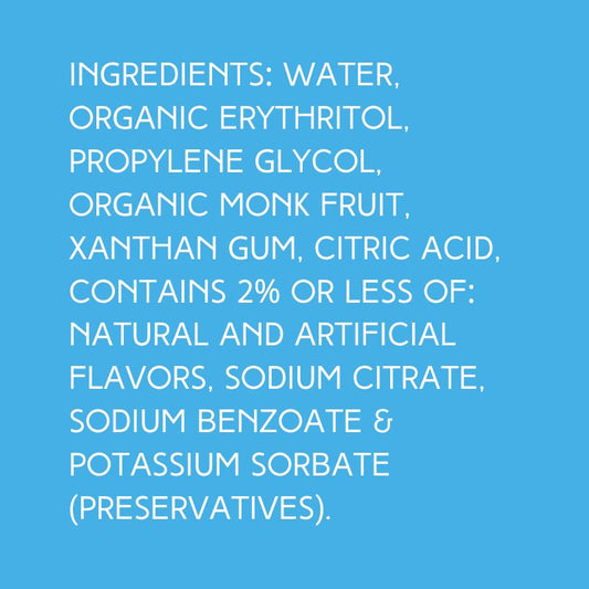 Ingredients for Hypothermias Banana SUGAR FREE | Dye-FREE Shaved Ice Syrup on a vibrant sky blue background. Organic monk fruit, erythritol, natural flavors.