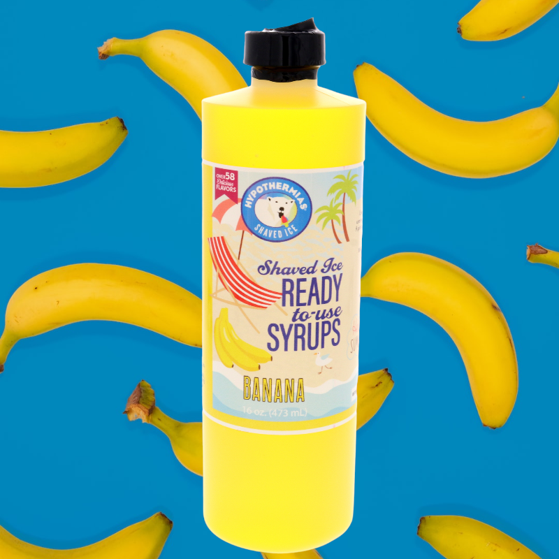 Hypothermias ready to use snow cone syrup with background of bananas.