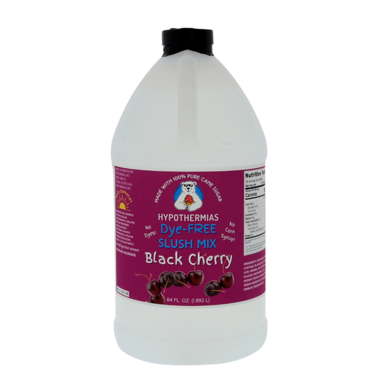 A BPA-free plastic half-gallon bottle of Hypothermias Dye-FREE Black Cherry Slush Syrup with a vibrant purple label featuring ripe black cherries, photographed on a bright white background. This clear, premium frozen drink syrup is crafted in small batches in Tucson, Arizona, using non-GMO 100% pure cane sugar. Free of dyes and high fructose corn syrup, it delivers bold, juicy cherry flavor for slushie machines, frozen cocktails, and summer beverages.