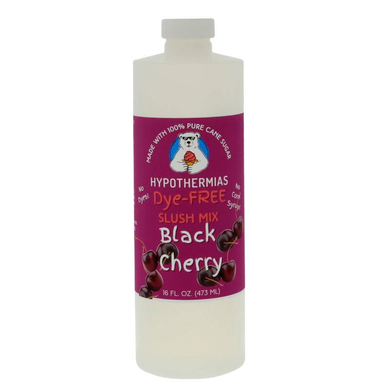 A BPA-free plastic bottle of Hypothermias Black Cherry Dye-FREE Slush Syrup made with non-GMO pure cane sugar. The label shows dark cherries against a purple background. A clear, dye-free syrup crafted for snow cones and frozen drinks, made in Tucson, Arizona, USA.