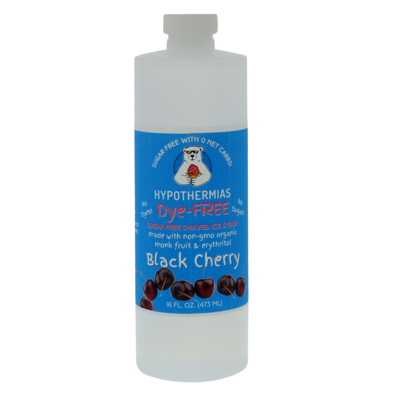 A pint of Hypothermias Sugar-Free & Dye-Free Black Cherry Shaved Ice and Snow Cone Syrup in a BPA-free plastic bottle on a bright white background, featuring an azure blue label with black cherries representing the flavor. This clear, sugar-free syrup is made with organic and non-GMO monk fruit and erythritol for a rich, naturally sweet flavor without dyes or added sugars.