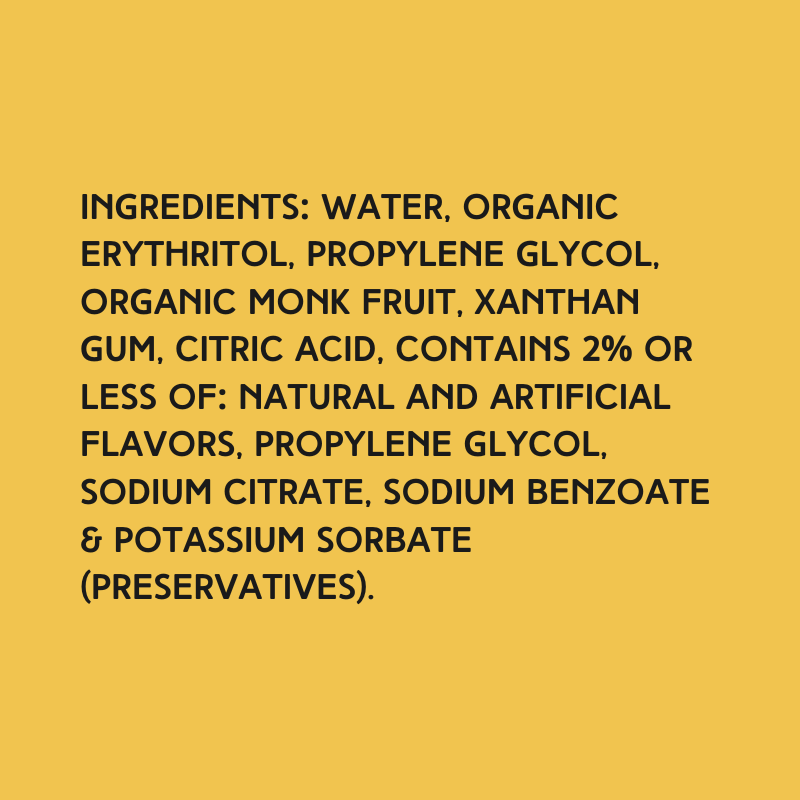 Ingredients for Wild Desert Black Cherry Sugar Free Dye-FREE Coffee Syrup on warm yellow background: water, organic erythritol, propylene glycol, organic monk fruit, xanthan gum, citric acid, natural and artificial flavors, sodium citrate, sodium benzoate, potassium sorbate. Family-owned, small batch, Tucson-made, FREE & Clear syrup.