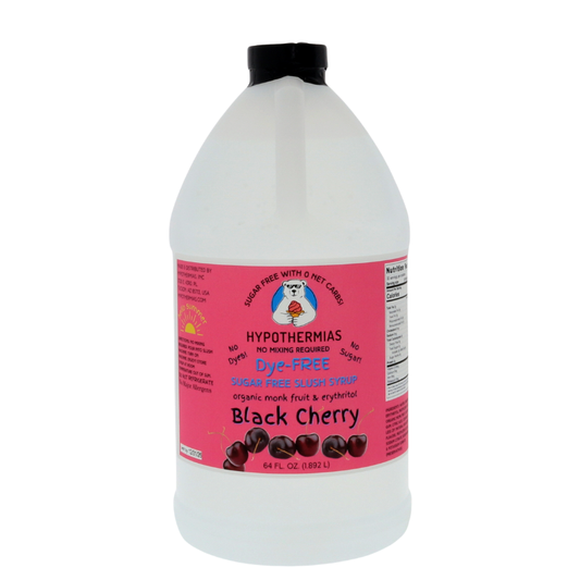 A half-gallon bottle of Hypothermias Sugar-Free & Dye-Free Black Cherry Slush Syrup with a bold pink label featuring juicy cherries, photographed on a bright white background. Made with organic and non-gmo monk fruit and erythritol for a rich, fruity, sugar-free frozen drink experience.
