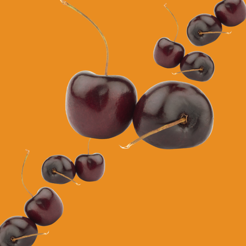 Fresh black cherries on a burnt orange background representing Wild Desert Dye-FREE Black Cherry Coffee Syrup. Made with non-GMO 100% pure cane sugar and crafted in small batches by a family-owned business in Tucson, Arizona. Clear pour, dye-free syrup with bold black cherry flavor, perfect for coffee, lattes, teas, smoothies, and specialty drinks.