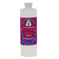 Picture of a BPA-free plastic bottle of Hypothermias Blue Raspberry Dye-FREE Slush Syrup on a white background. The label features fresh blue raspberries against a purple background. A clear, dye-free syrup made with non-GMO 100% pure cane sugar. Crafted for frozen drinks, slush machines, and shaved ice, and made in Tucson, Arizona, USA.