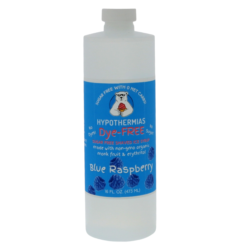 A pint of Hypothermias Sugar-Free & Dye-Free Blue Raspberry Shaved Ice and Snow Cone Syrup in a BPA-free plastic bottle on a bright white background, featuring an azure blue label with blue raspberries symbolizing the flavor. This clear, sugar-free syrup is made with organic and non-GMO monk fruit and erythritol for a bright, naturally sweet flavor without dyes or added sugars.