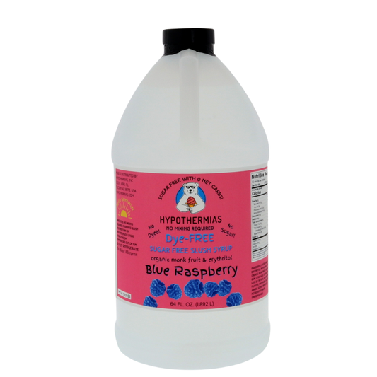A half-gallon bottle of Hypothermias Sugar-Free & Dye-Free Blue Raspberry Slush Syrup with a bright pink label featuring blue raspberries, shown on a crisp white background. This small-batch syrup delivers a tangy, sugar-free, dye-free flavor made with organic monk fruit and erythritol.