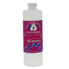 Picture of a BPA-free plastic bottle of Hypothermias Blueberry Dye-FREE Slush Syrup on a white background. The label features ripe blueberries against a purple background. A clear, dye-free syrup made with non-GMO 100% pure cane sugar. Crafted for frozen drinks, slush machines, and shaved ice, and made in Tucson, Arizona, USA.