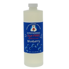 A pint of Hypothermias Dye-FREE Bubble Gum Shaved Ice Syrup in a BPA-free plastic bottle, photographed on a bright white background. The dark blue label features a playful image representing the classic bubble gum flavor. This clear syrup contains no dyes and is crafted from non-GMO 100% pure cane sugar by a family-run small business based in Tucson, Arizona, USA.