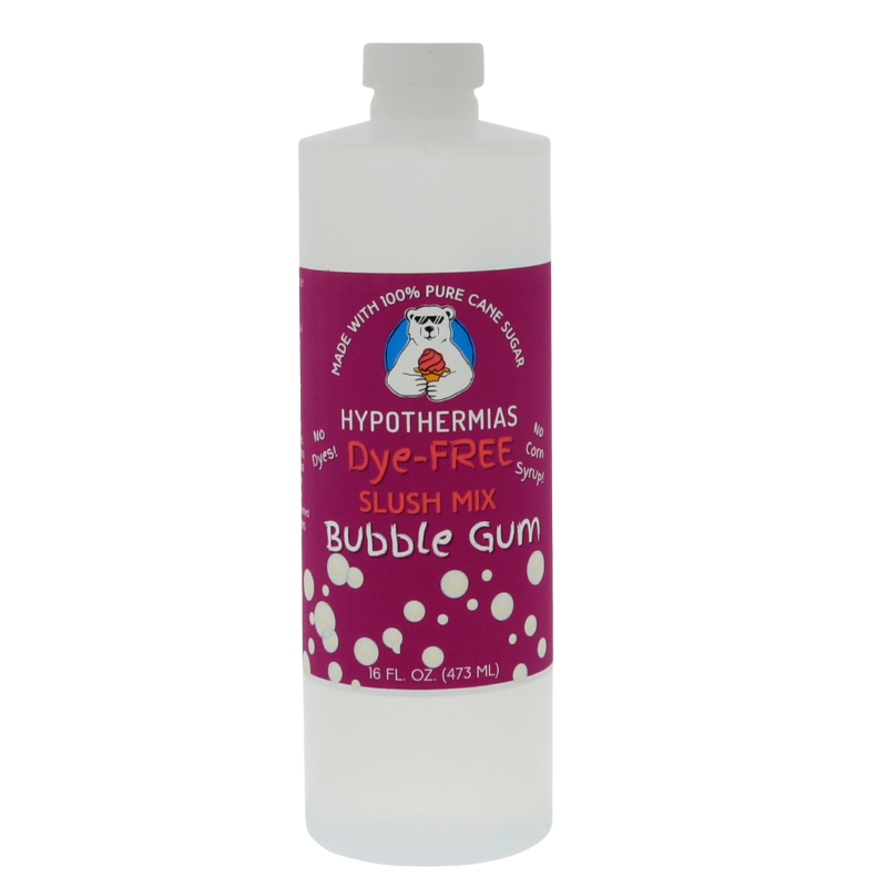 Picture of a BPA-free plastic bottle of Hypothermias Bubble Gum Dye-FREE Slush Syrup on a white background. The label features white bubble gum pieces against a purple background. A clear, dye-free snow cone syrup made with non-GMO 100% pure cane sugar. A gourmet slush mix and frozen drink flavor crafted in small batches in Tucson, Arizona, USA.