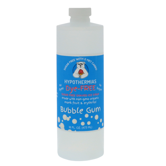 A pint of Hypothermias Sugar-Free & Dye-Free Bubble Gum Shaved Ice and Snow Cone Syrup in a BPA-free plastic bottle on a bright white background, featuring an azure blue label with white bubble gum imagery. This clear, sugar-free syrup is made with organic and non-GMO monk fruit and erythritol for a nostalgic, naturally sweet flavor without dyes or added sugars.