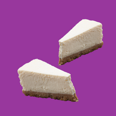 Two slices of creamy cheesecake representing Hypothermias Dye-FREE Slush Syrup. A dessert-inspired, dye-free flavor for slush machines and frozen drinks.