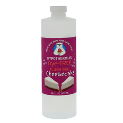 Picture of a BPA-free plastic bottle of Hypothermias Cheesecake Dye-FREE Slush Syrup on a white background. The label features a creamy slice of cheesecake against a purple background. A clear, dye-free slush syrup made with non-GMO 100% pure cane sugar. A gourmet frozen dessert syrup crafted in small batches in Tucson, Arizona, USA.