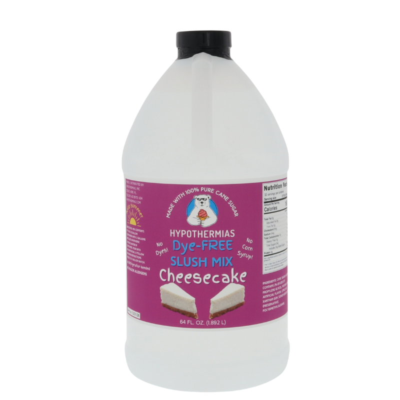 A BPA-free plastic half-gallon bottle of Hypothermias Dye-FREE Cheesecake Slush Syrup with a vibrant purple label featuring a slice of cheesecake, photographed on a white background. This clear, gourmet frozen drink syrup is crafted in small batches in Tucson, Arizona, with non-GMO 100% pure cane sugar and no high fructose corn syrup. Offers smooth, creamy cheesecake flavor perfect for slushie machines and dessert-style drinks.
