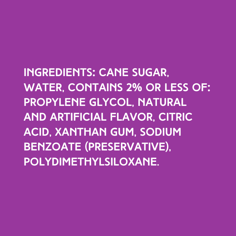 Ingredients for Hypothermias Dye-FREE Cheesecake Slush Syrup, made with cane sugar and free from artificial dyes and high-fructose corn syrup.
