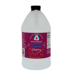 A BPA-free plastic half-gallon bottle of Hypothermias Dye-FREE Cherry Slush Syrup with a vibrant purple label showing bright red cherries, photographed on a bright white background. This clear, premium frozen drink syrup is made with non-GMO 100% pure cane sugar and no dyes or high fructose corn syrup. Provides classic cherry flavor for slushies, frozen drinks, and concession stands.
