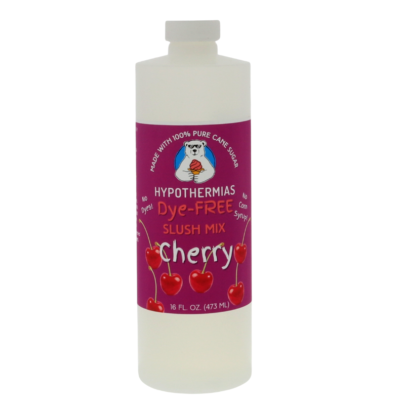 Picture of a BPA-free plastic bottle of Hypothermias Cherry Dye-FREE Slush Syrup on a white background. The label features bright red cherries against a purple background. A clear, dye-free frozen drink syrup made with non-GMO 100% pure cane sugar. A classic slush flavor syrup crafted in small batches in Tucson, Arizona, USA.