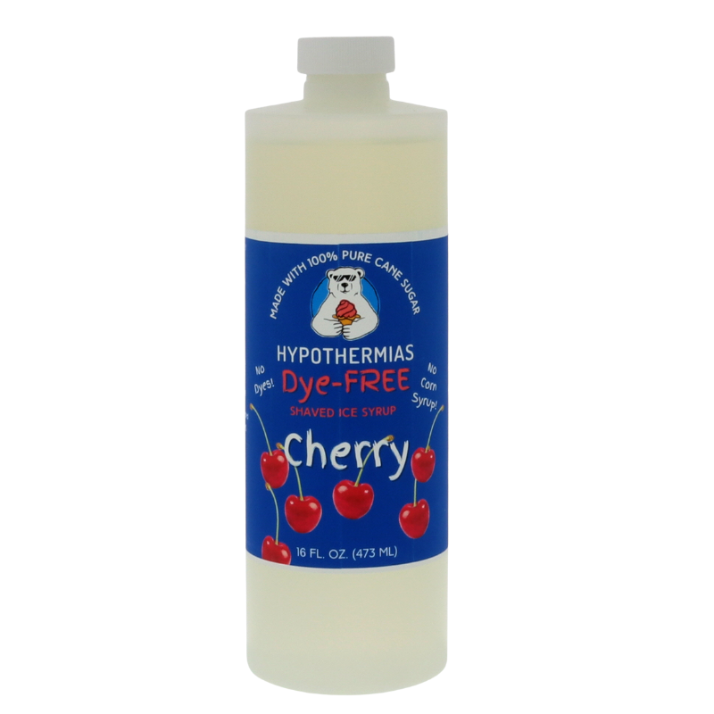 A pint of Hypothermias Dye-FREE Cherry Shaved Ice & Snow Cone Syrup in a BPA-free plastic bottle on a white background, featuring a dark blue label with an image of cherries. The clear syrup contains no dyes and is made from non-GMO 100% pure cane sugar by a family-run small business in Tucson, Arizona, USA.
