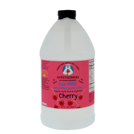 A half-gallon bottle of Hypothermias Sugar-Free & Dye-Free Cherry Slush Syrup with a bright pink label featuring red cherries, shown on a white background. Crafted with organic monk fruit and erythritol for a classic cherry flavor in every sugar-free slushie.