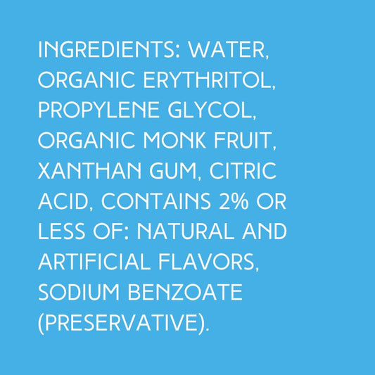 Ingredients for Hypothermias Cherry SUGAR FREE | Dye-FREE Shaved Ice Syrup on a vibrant sky blue background. Monk fruit, erythritol, citric acid, natural & artificial flavors.
