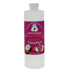 Picture of a BPA-free plastic bottle of Hypothermias Coconut Dye-FREE Slush Syrup on a white background. The label features fresh coconuts against a purple background. A clear, dye-free slush syrup made with non-GMO 100% pure cane sugar. A tropical frozen drink mix crafted in small batches in Tucson, Arizona, USA.