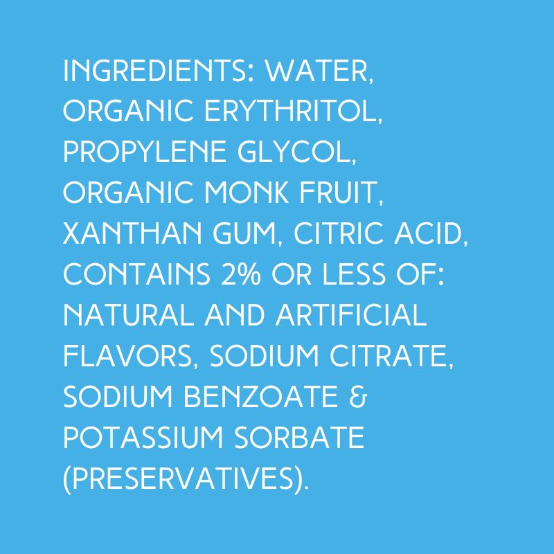 Ingredients for Hypothermias Coconut SUGAR FREE | Dye-FREE Shaved Ice Syrup on a vibrant sky blue background. Organic monk fruit, erythritol, citric acid, natural & artificial flavors.