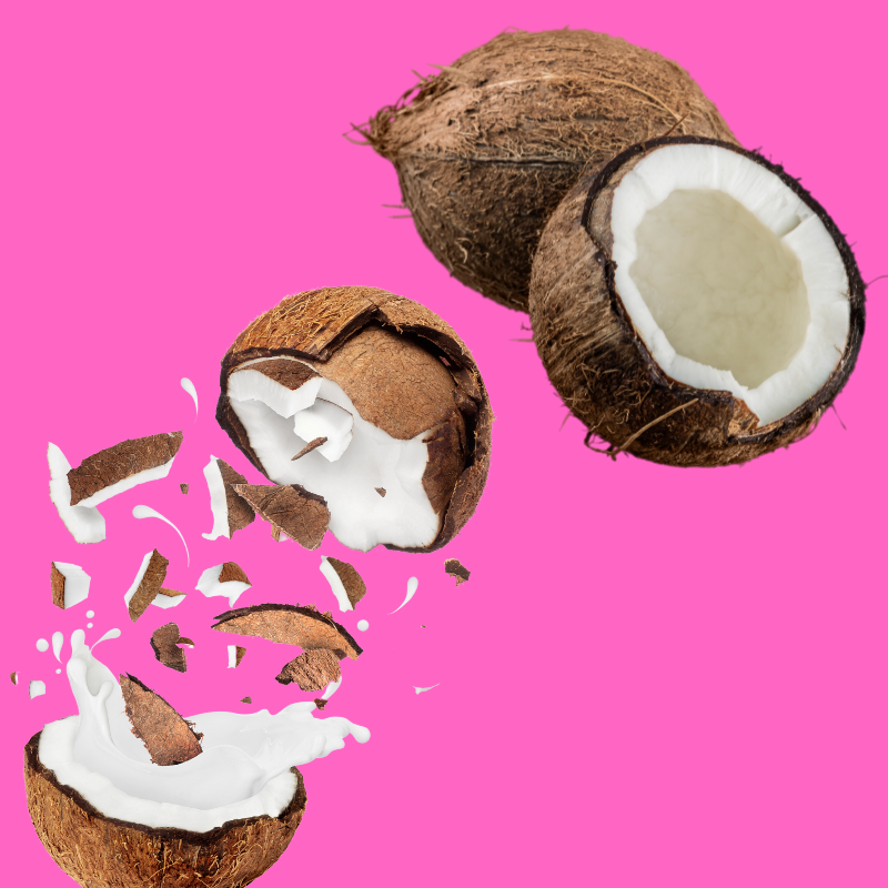 Fresh coconuts on a tropical background representing Hypothermias Coconut Sugar Free Dye-FREE Slush Syrup, a keto-friendly tropical slush mix with zero net carbs for slush machines and frozen drinks