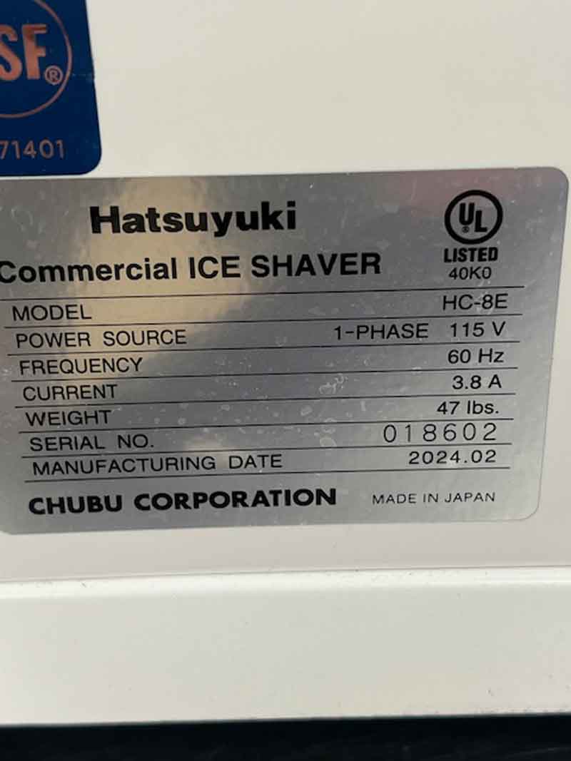 Commercial shaved ice machine, Hatsuyuki HC-8E, ideal for cafes and food trucks.