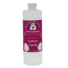 Picture of a BPA-free plastic bottle of Hypothermias Cotton Candy Dye-FREE Slush Syrup on a white background. The label features fluffy pink and blue cotton candy against a purple background. A clear, dye-free slushie mix made with non-GMO 100% pure cane sugar. A gourmet frozen drink syrup crafted in small batches in Tucson, Arizona, USA.