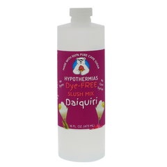 Picture of a BPA-free plastic bottle of Hypothermias Daiquiri Dye-FREE Slush Syrup on a white background. The label features a vibrant frozen daiquiri glass against a purple background. A clear, dye-free frozen beverage syrup made with non-GMO 100% pure cane sugar. A premium slushie concentrate and beverage mix, small-batch crafted under the Tucson sun in Arizona, USA.