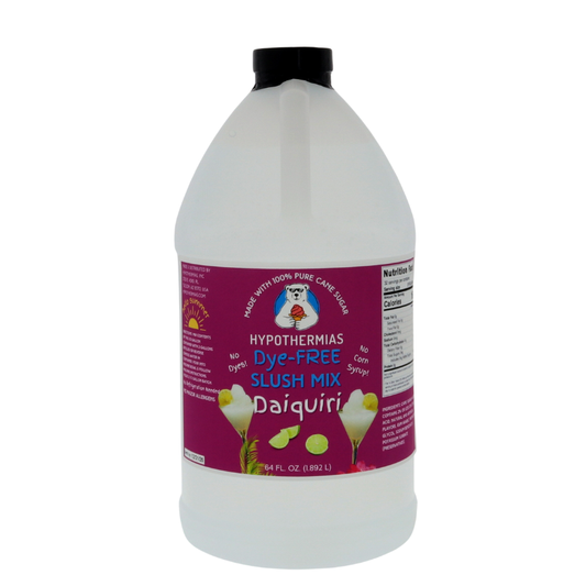 A BPA-free plastic half-gallon bottle of Hypothermias Dye-FREE Daiquiri Slush Syrup with a vibrant purple label featuring two daiquiri glasses with limes, photographed on a white background. This clear, gourmet frozen drink syrup is made in Tucson, Arizona, from non-GMO 100% pure cane sugar. Free from dyes and high fructose corn syrup, it delivers smooth, tangy daiquiri flavor for slushies and frozen cocktails.