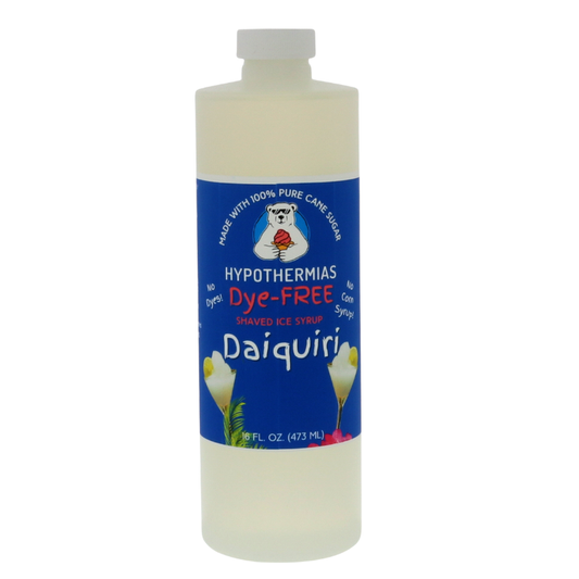 A pint of Hypothermias Dye-FREE Daiquiri Shaved Ice & Snow Cone Syrup in a BPA-free plastic bottle on a clean white background, featuring a dark blue label with an image of strawberries and limes representing the flavor. This clear syrup has no dyes and is made from non-GMO pure cane sugar by a family-run small business in Tucson, Arizona, USA — a UNESCO City of Gastronomy.