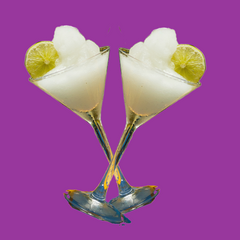 A picture of two daiquiris on a purple background, representing Hypothermias Daiquiri Dye-FREE Slush flavor.