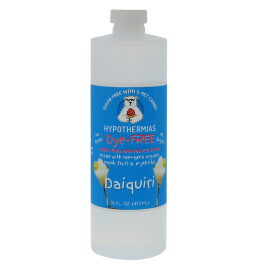 A pint of Hypothermias Sugar-Free & Dye-Free Daiquiri Shaved Ice and Snow Cone Syrup in a BPA-free plastic bottle on a bright white background, featuring an azure blue label with a daiquiri glass illustration. This clear, sugar-free syrup is made with organic and non-GMO monk fruit and erythritol for a tangy, naturally sweet flavor without dyes or added sugars.