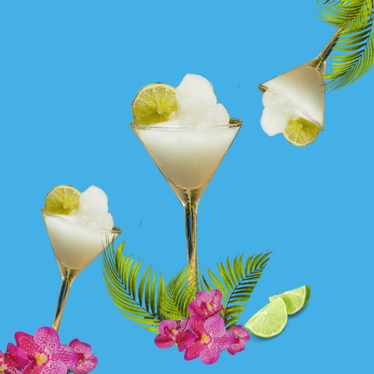 Classic strawberry and lime daiquiris on a vibrant sky blue background representing Daiquiri SUGAR FREE | Dye-FREE Shaved Ice & Snow Cone Syrup. Cocktail-inspired flavor, FREE & Clear, zero net carbs, keto-friendly with monk fruit & erythritol.