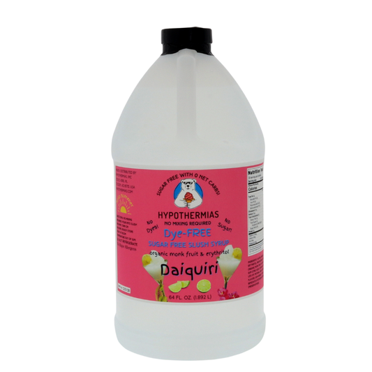 A half-gallon bottle of Hypothermias Sugar-Free & Dye-Free Daiquiri Slush Syrup with a bright pink label featuring a frozen margarita in a cocktail glass, photographed on a white background. Crafted with organic monk fruit and erythritol for a sugar-free twist on a tropical favorite.