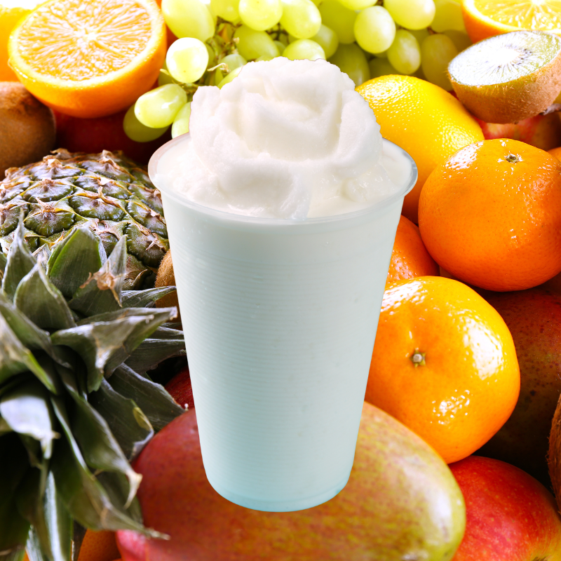 A picture of clear slush in a clear cup on a background of fruit to represent Hypothermias Dye-FREE Slush Syrup Mix Variety Pack of 6 Pints. Made from non-GMO 100% pure cane sugar. FREE Shipping nationwide.