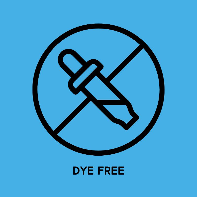 Picture of a dye-free symbol on a vibrant blue background.