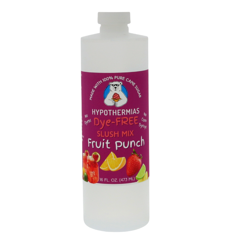Picture of a BPA-free plastic bottle of Hypothermias Fruit Punch Dye-FREE Slush Syrup on a white background. The label features a colorful mix of fruits against a purple background. A clear, dye-free flavored slush syrup made with non-GMO 100% pure cane sugar. A refreshing slushy mix and frozen drink flavor syrup, small-batch crafted in Tucson, Arizona, USA.