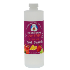 Picture of a BPA-free plastic bottle of Hypothermias Fruit Punch Dye-FREE Slush Syrup on a white background. The label features a colorful mix of fruits against a purple background. A clear, dye-free flavored slush syrup made with non-GMO 100% pure cane sugar. A refreshing slushy mix and frozen drink flavor syrup, small-batch crafted in Tucson, Arizona, USA.