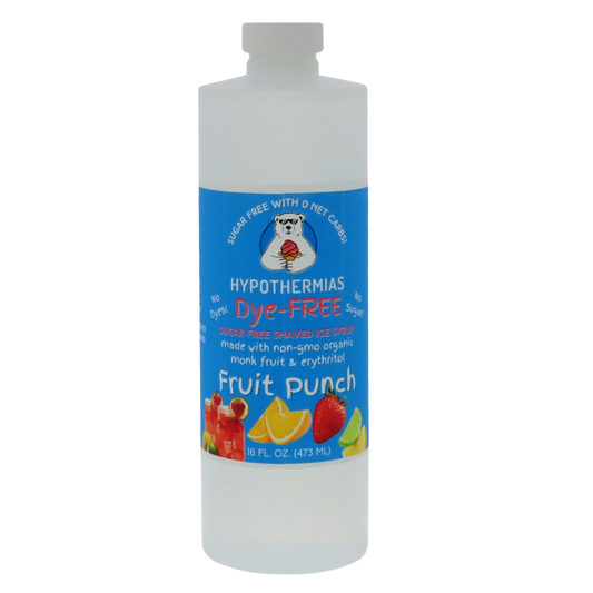 A pint of Hypothermias Sugar-Free & Dye-Free Fruit Punch Shaved Ice and Snow Cone Syrup in a BPA-free plastic bottle on a bright white background, featuring an azure blue label with fruit punch imagery. This clear, sugar-free shaved ice syrup is made with organic and non-GMO monk fruit and erythritol for a bright, naturally sweet fruit blend without dyes or added sugars.