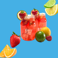 Glass of fruit punch with citrus and berries on a vibrant sky blue background representing Fruit Punch SUGAR FREE | Dye-FREE Shaved Ice & Snow Cone Syrup. Bold fruity flavor, FREE & Clear, zero net carbs, sugar free, dye free, keto-friendly with monk fruit & erythritol.