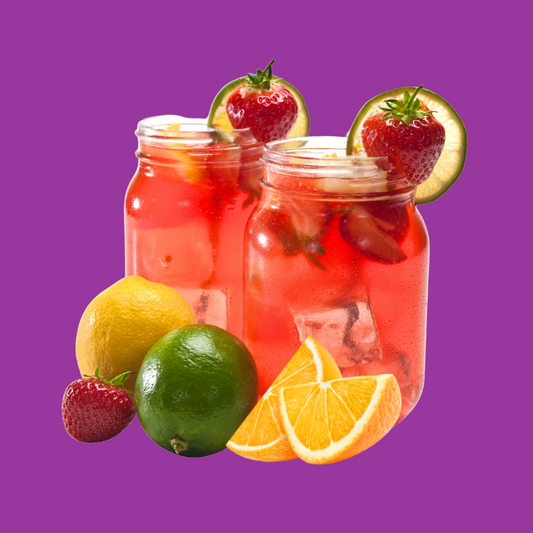 Vibrant fruit punch slush drink made with Hypothermias Dye-FREE Slush Syrup Concentrate Mix, made from non-GMO 100% pure cane sugar with no corn syrup or food dyes.