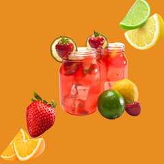 Wild Desert Dye-FREE Fruit Punch Coffee Syrup with a mix of fresh fruits on a burnt orange background. Made with non-GMO 100% pure cane sugar and crafted in small batches by a family-owned business in Tucson, Arizona. Clear pour, dye-free syrup with a sweet fruity punch flavor, perfect for coffee, lattes, teas, smoothies, mocktails, cocktails, and specialty drinks.